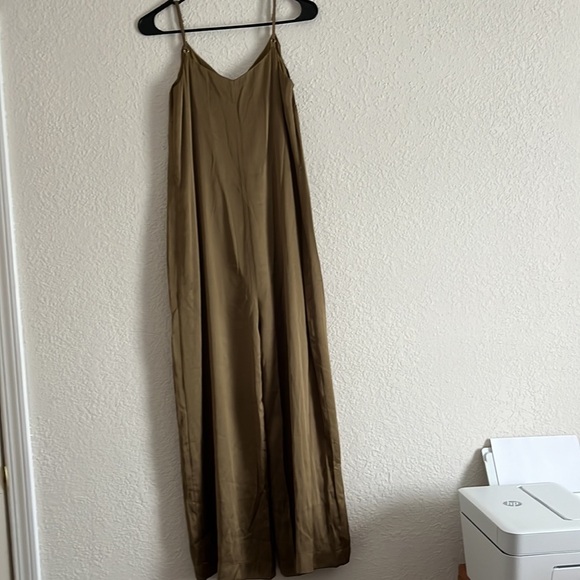DKNY spanish olive satin jumpsuit Size small spaghetti straps, wide leg. - Picture 2 of 11